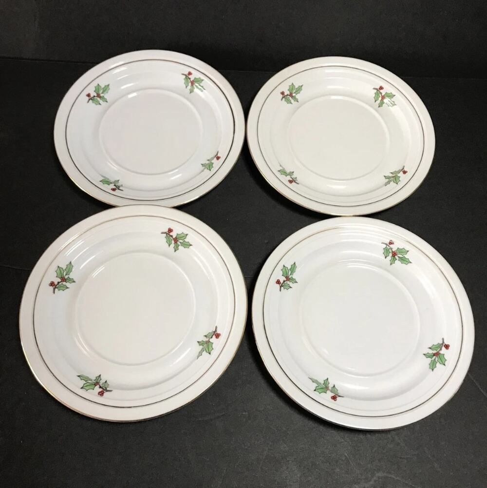 Holiday Hostess 6.25" Porcelain Saucer Holly Berry Border Gold Trim Set of 4